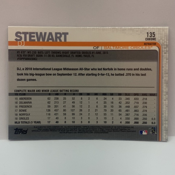 2018 Topps Chrome X-Fractor DJ Stewart Orioles #135 (MISC9) - Picture 2 of 2